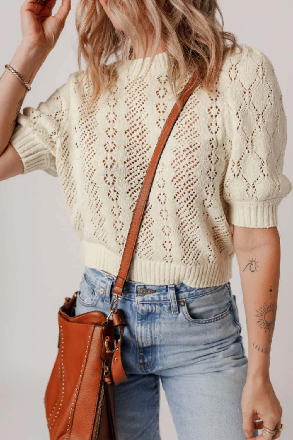 Hollowed Round Neck Half Sleeve Sweater