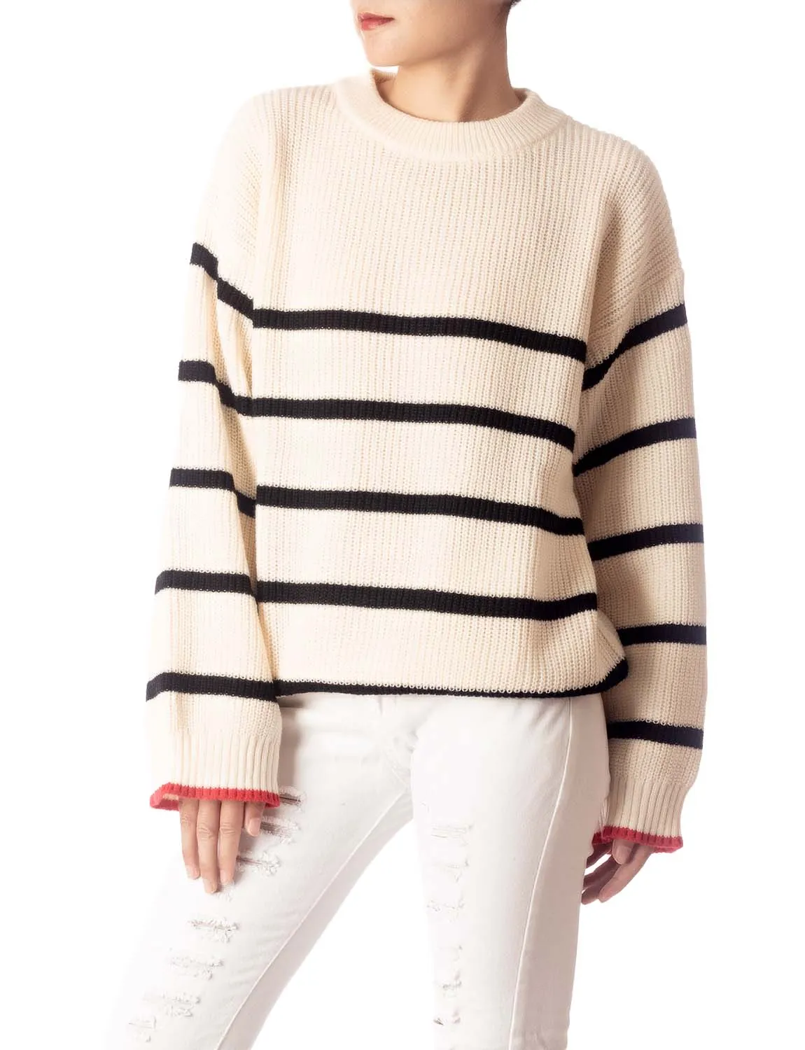 iB-iP Women's Cozy Casual Top Long Sleeve Stripes Lightweight Pullover Sweater