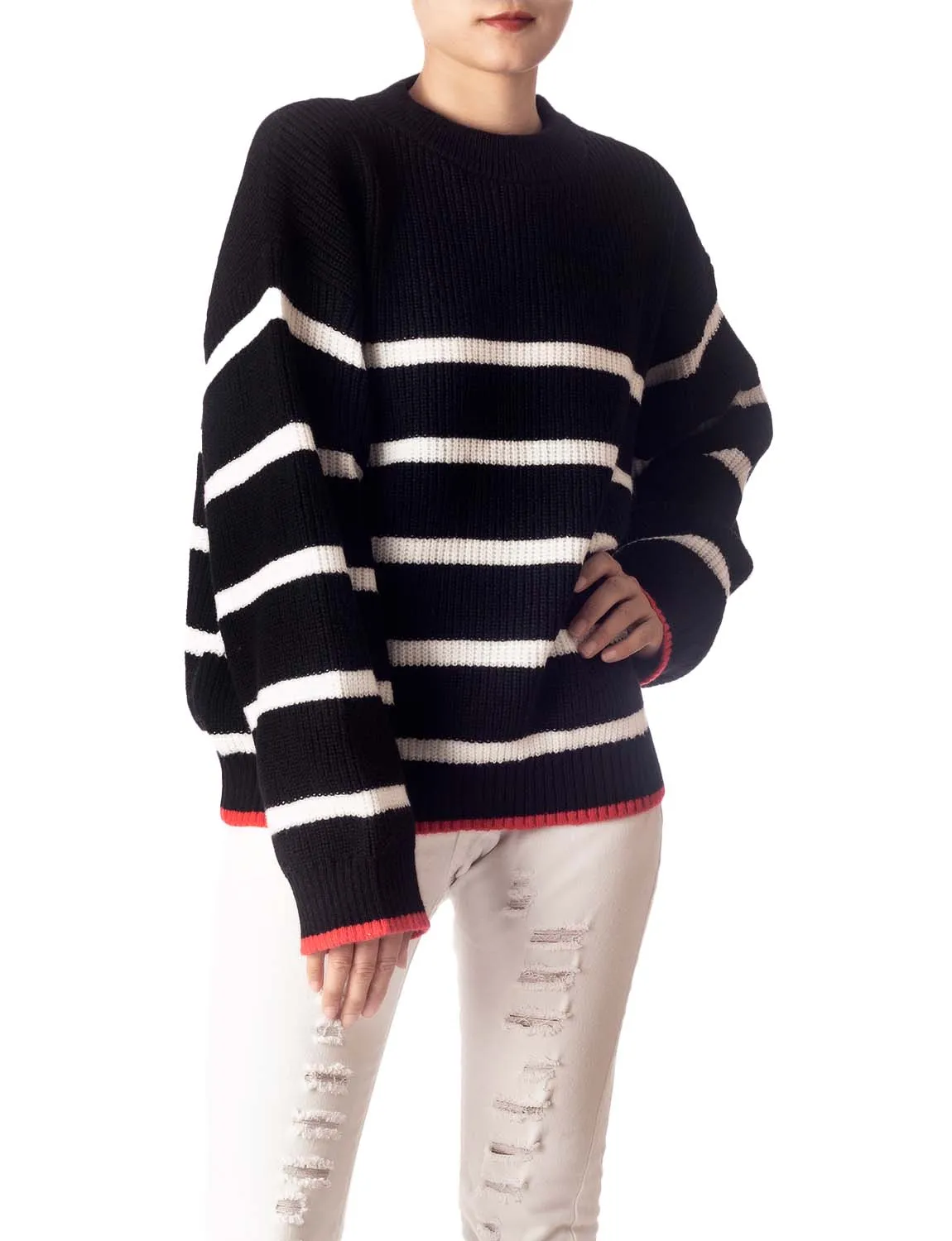 iB-iP Women's Cozy Casual Top Long Sleeve Stripes Lightweight Pullover Sweater