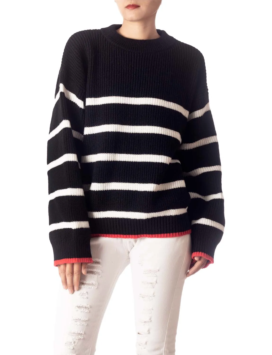 iB-iP Women's Cozy Casual Top Long Sleeve Stripes Lightweight Pullover Sweater