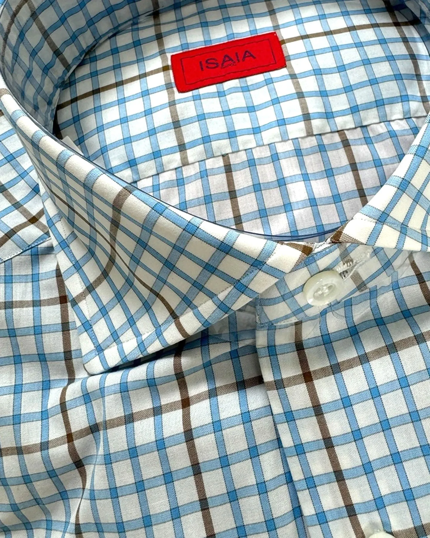 Isaia Shirt White Blue Brown Check 39 - 15 1/2 Regular Fit SALE