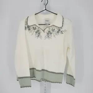 Jenny Womens Sz M Collared Knit Sweater White Sage Green Floral Vintage 1990s