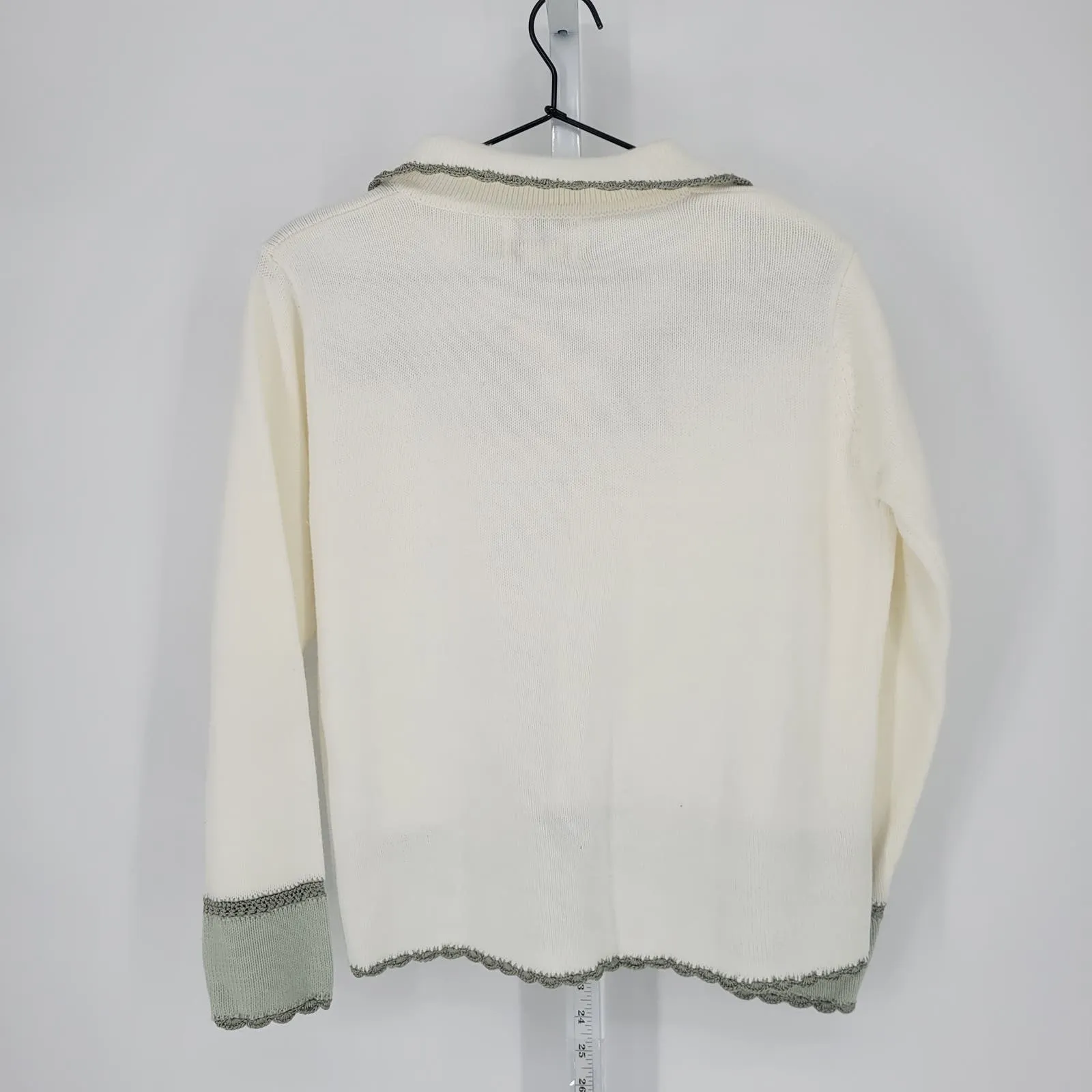 Jenny Womens Sz M Collared Knit Sweater White Sage Green Floral Vintage 1990s