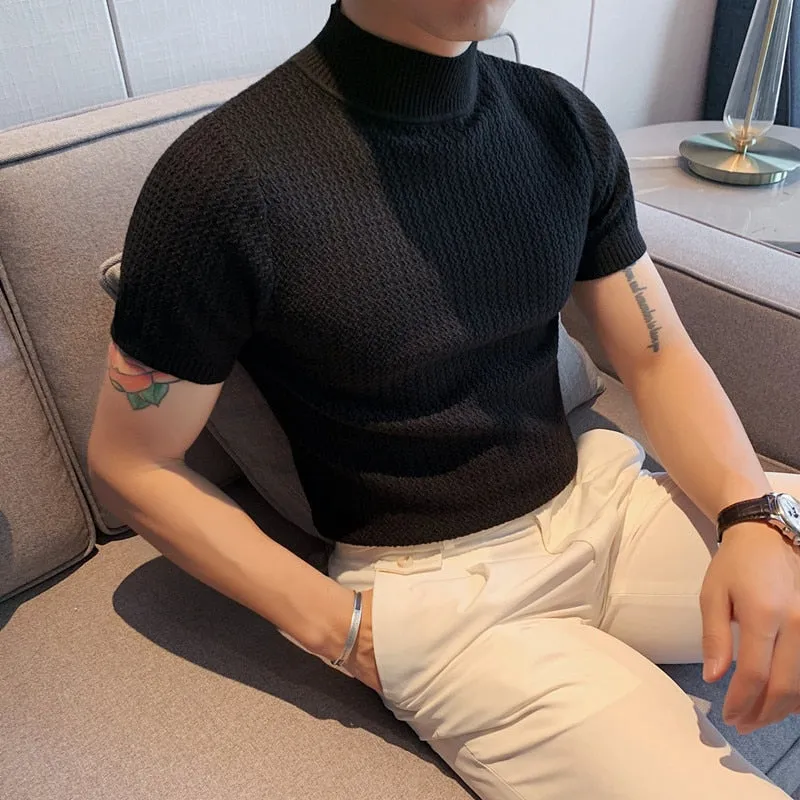 Jinquedai Autumn New Short Sleeve Knitted Sweater Men Clothing  All Match Slim Fit Stretched Turtleneck Casual Pull Homme Pullovers