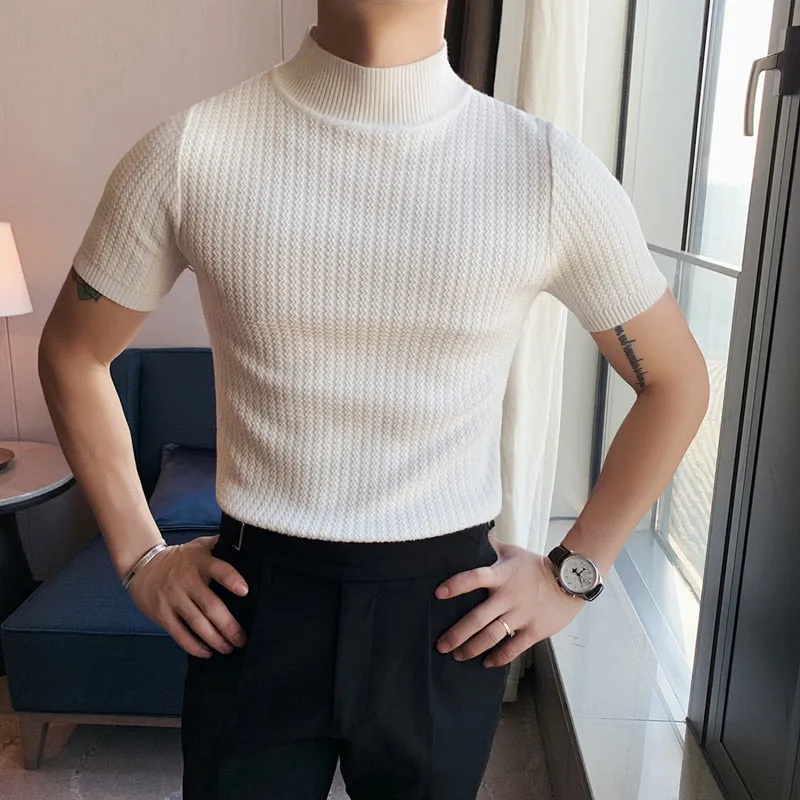 Jinquedai Autumn New Short Sleeve Knitted Sweater Men Clothing  All Match Slim Fit Stretched Turtleneck Casual Pull Homme Pullovers