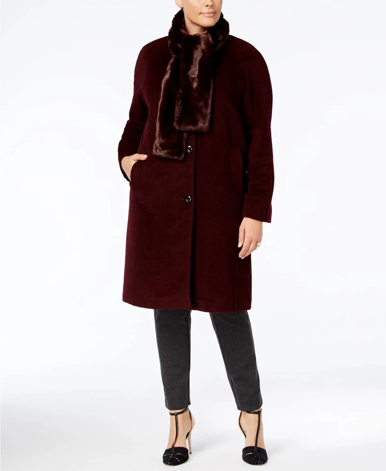 Jones New York Petite Faux-Fur-Scarf Walker Coat