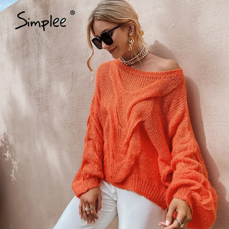 Joskaa Hollow out mohair women pullover sweater Autumn winter lantern sleeve female orange sweater Oversize ladies jumper 2019