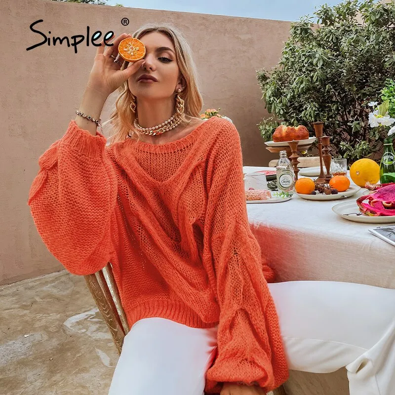 Joskaa Hollow out mohair women pullover sweater Autumn winter lantern sleeve female orange sweater Oversize ladies jumper 2019