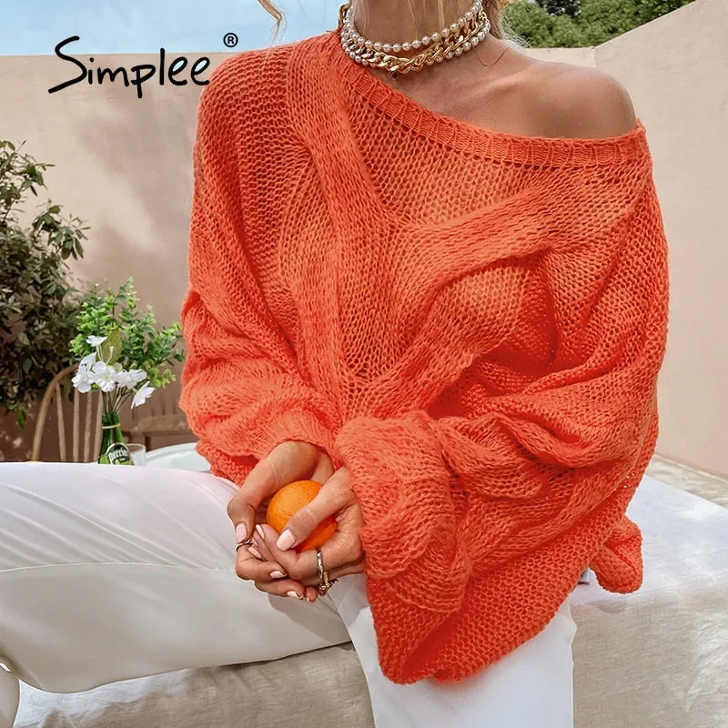 Joskaa Hollow out mohair women pullover sweater Autumn winter lantern sleeve female orange sweater Oversize ladies jumper 2019