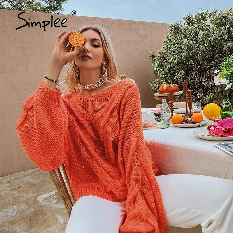 Joskaa Hollow out mohair women pullover sweater Autumn winter lantern sleeve female orange sweater Oversize ladies jumper 2019