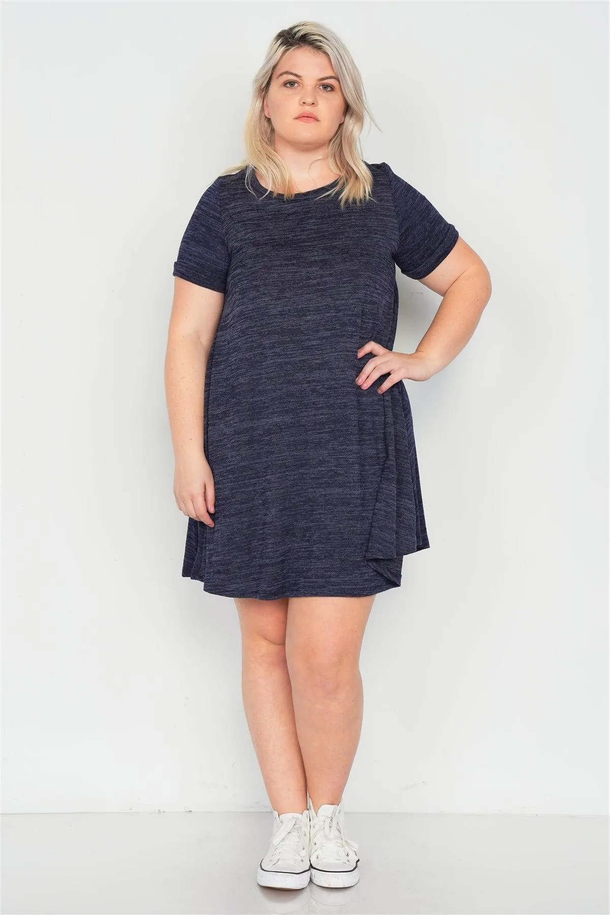 Junior Plus Size Midnight Navy Flare Casual Cuffed Short Sleeve Mini Shirt Dress