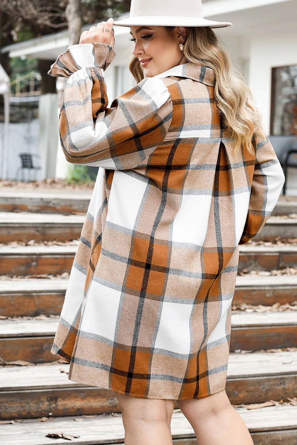 Khaki Plus Size Plaid Flounce Sleeve Button Up Shirt Dress