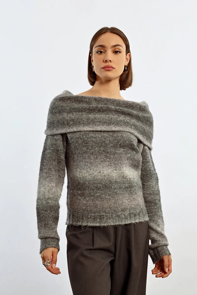 Knitted Off The Shoulder Grey Striped Sweater