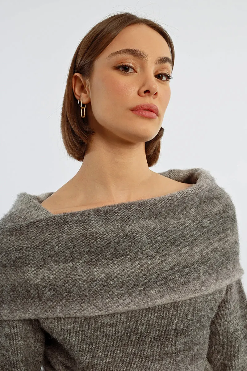 Knitted Off The Shoulder Grey Striped Sweater