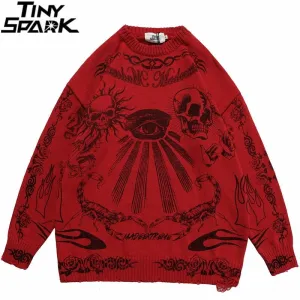 Knitted Sweater with Rose Eye Scorpion Print - Men's Harajuku Cotton Casual