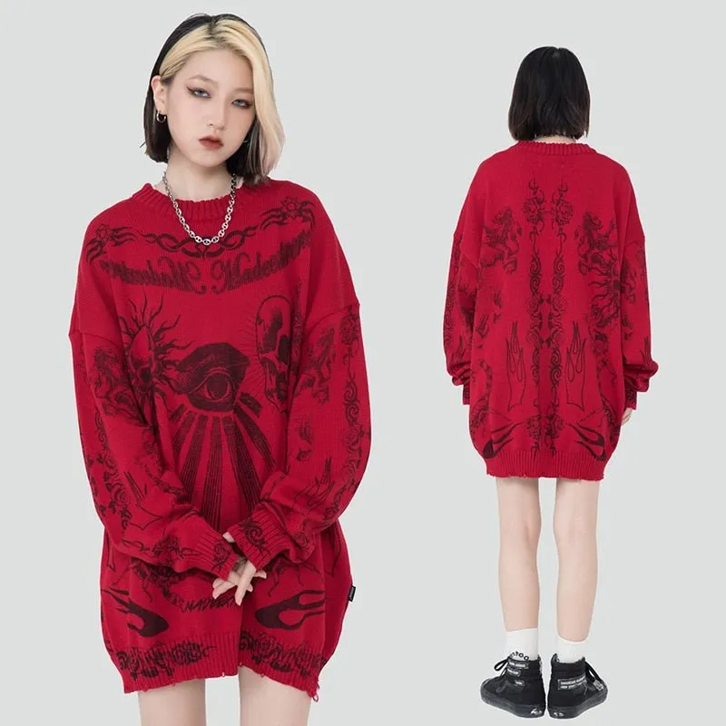 Knitted Sweater with Rose Eye Scorpion Print - Men's Harajuku Cotton Casual