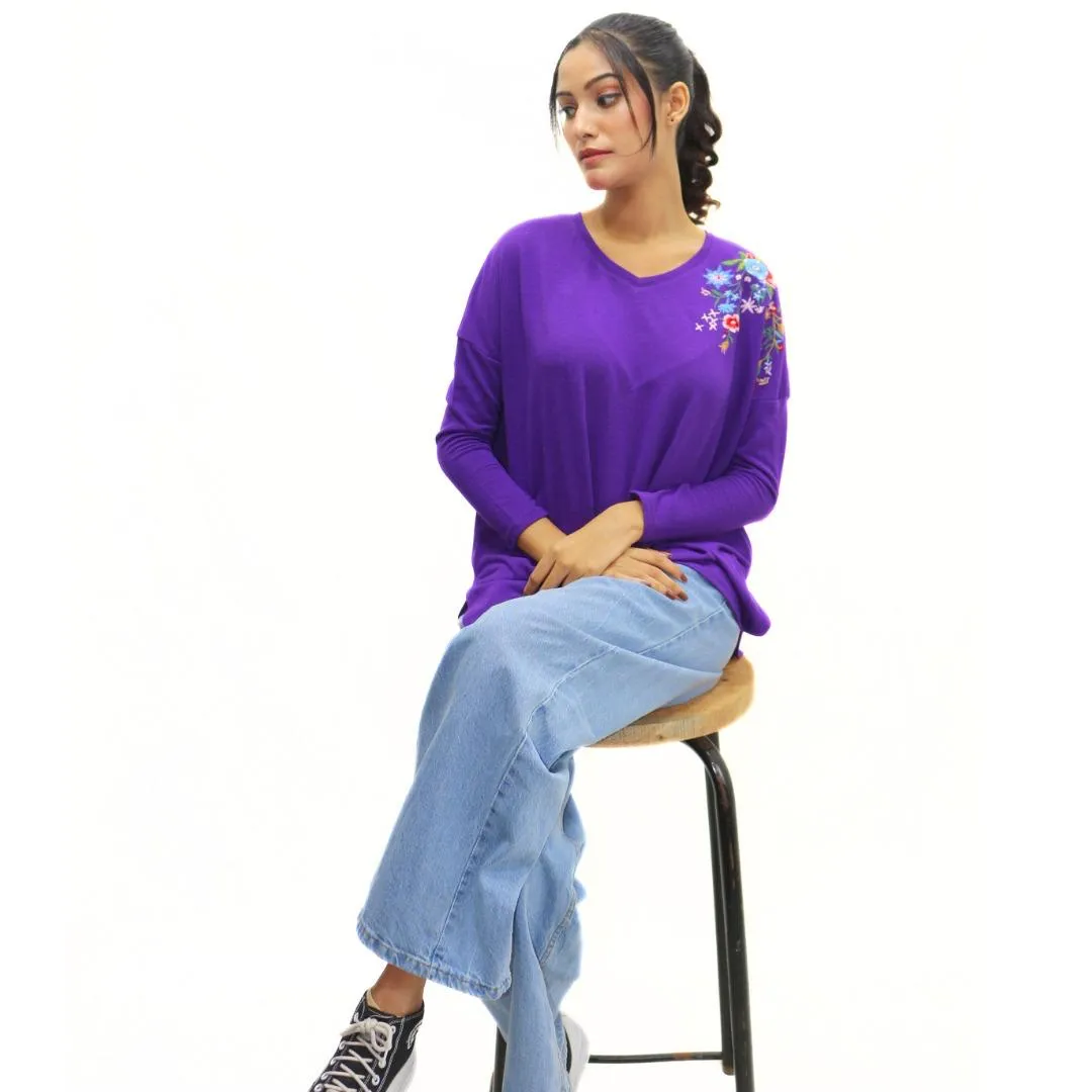 Ladies purple flower embroidered Top