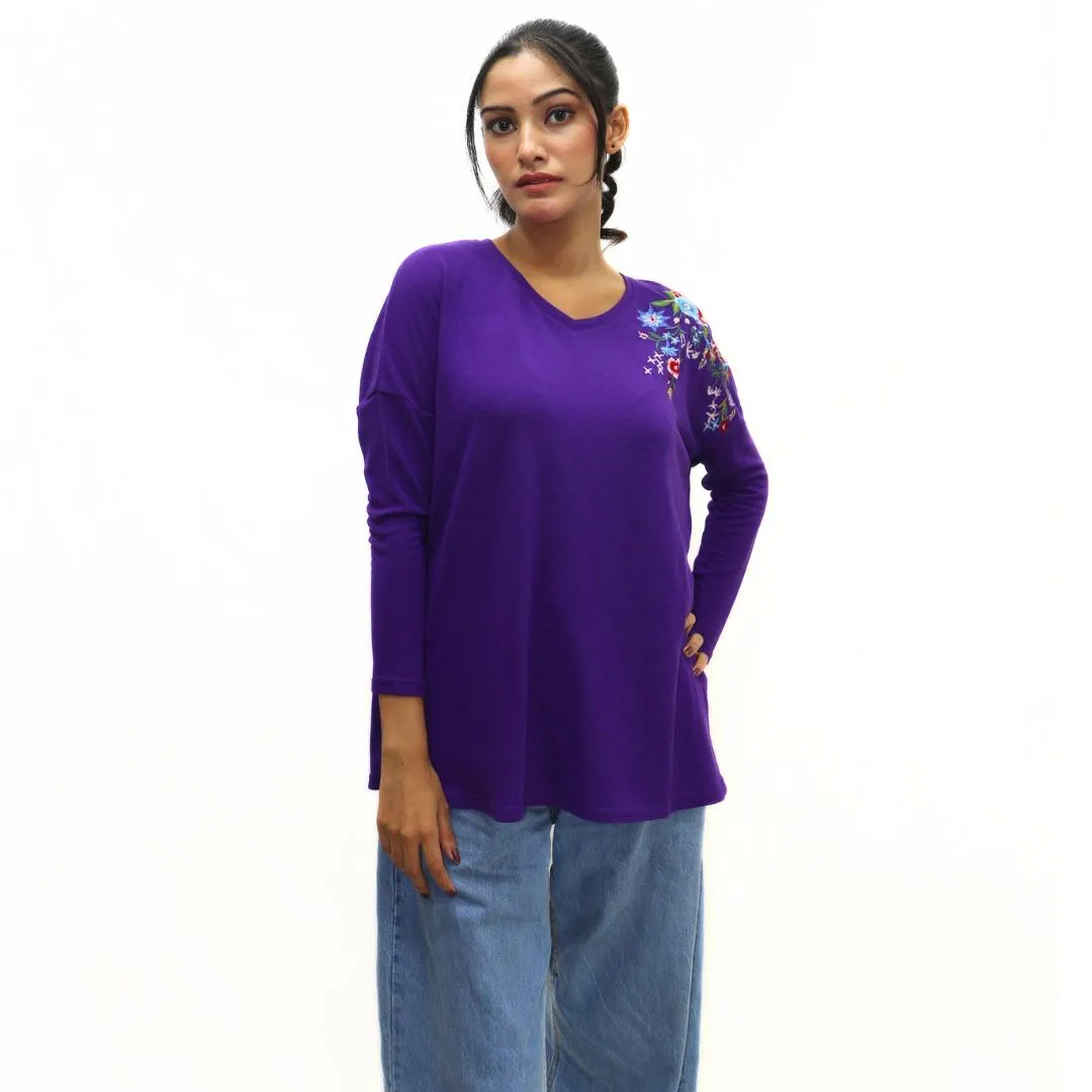 Ladies purple flower embroidered Top