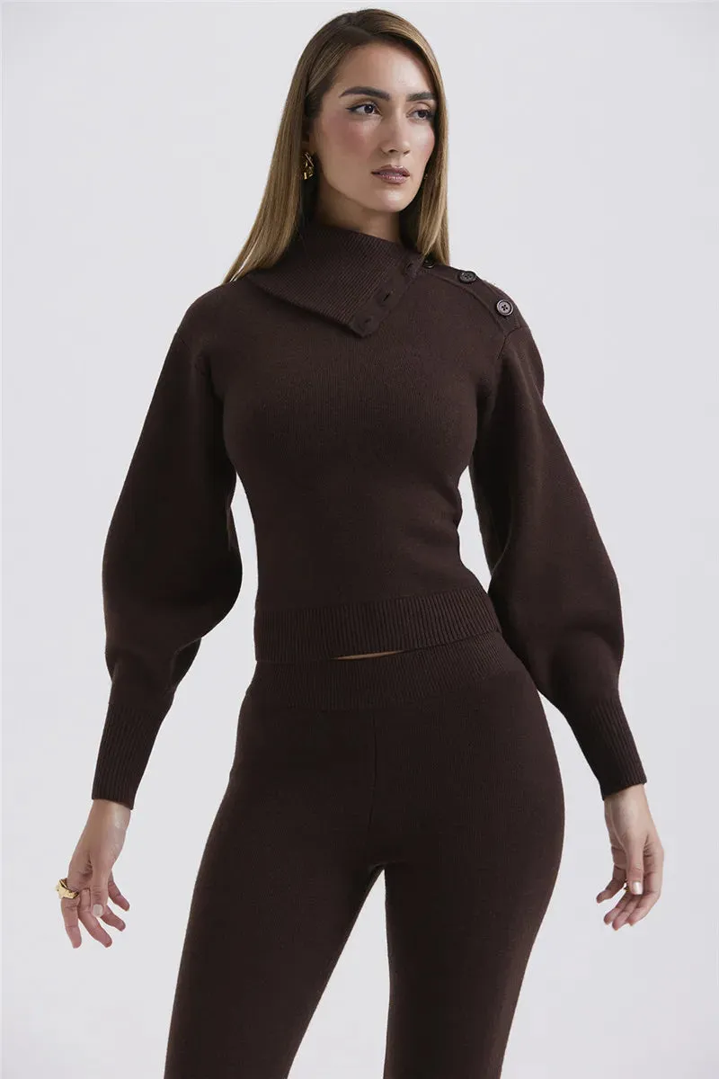 Ladies rib Knit cardigan sweater and pants two piece set Long Sleeve fleece Pullover Sweater And Pants set