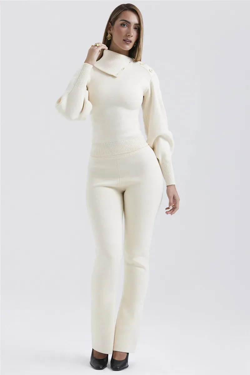 Ladies rib Knit cardigan sweater and pants two piece set Long Sleeve fleece Pullover Sweater And Pants set