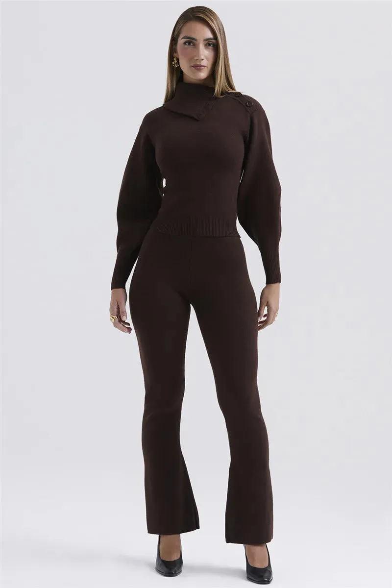 Ladies rib Knit cardigan sweater and pants two piece set Long Sleeve fleece Pullover Sweater And Pants set