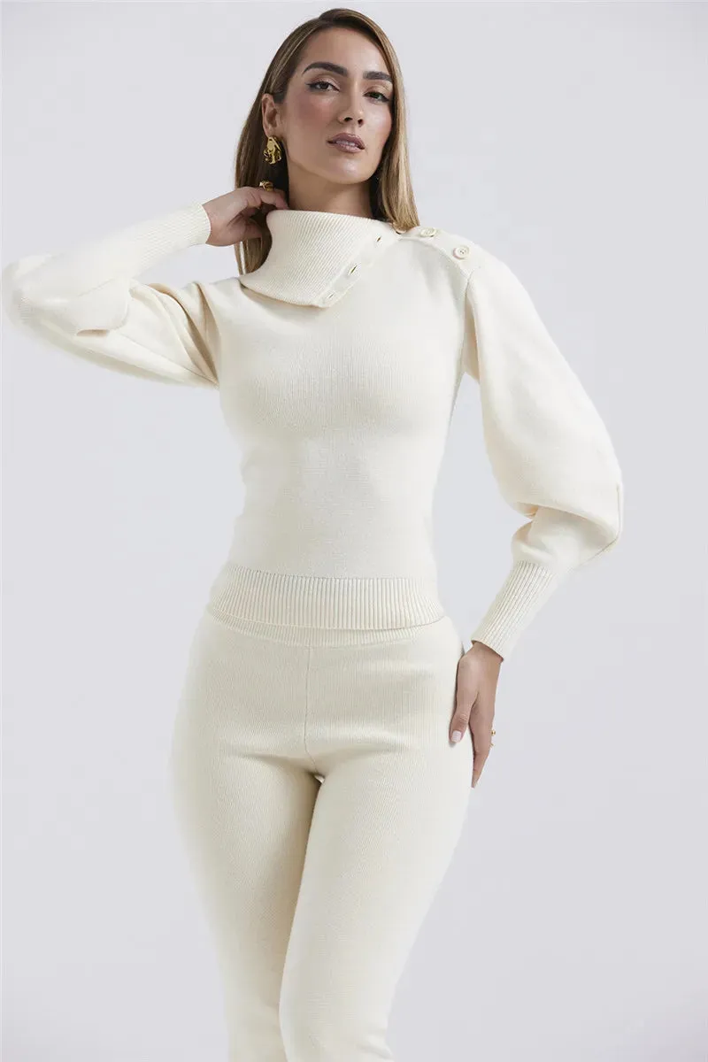 Ladies rib Knit cardigan sweater and pants two piece set Long Sleeve fleece Pullover Sweater And Pants set