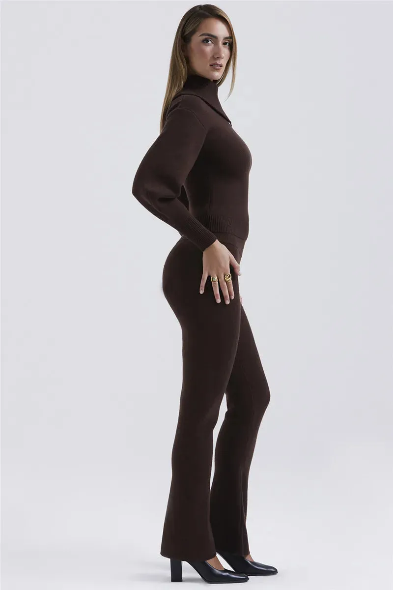 Ladies rib Knit cardigan sweater and pants two piece set Long Sleeve fleece Pullover Sweater And Pants set