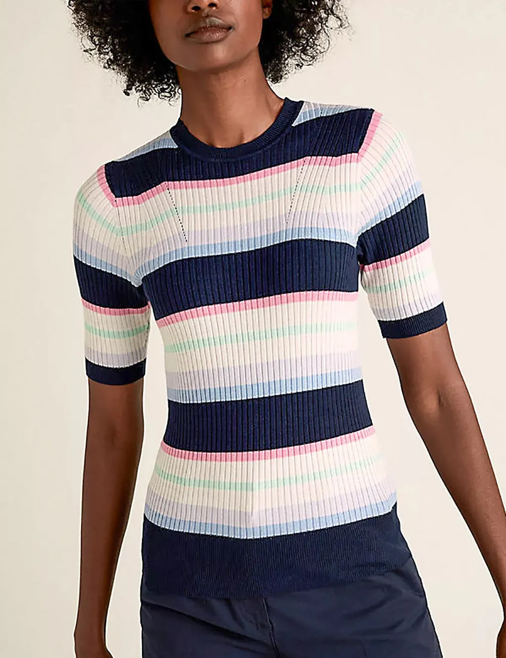 Ladies Short Sleeve Ribbed Crew Neck Knitted Stripe Sweater