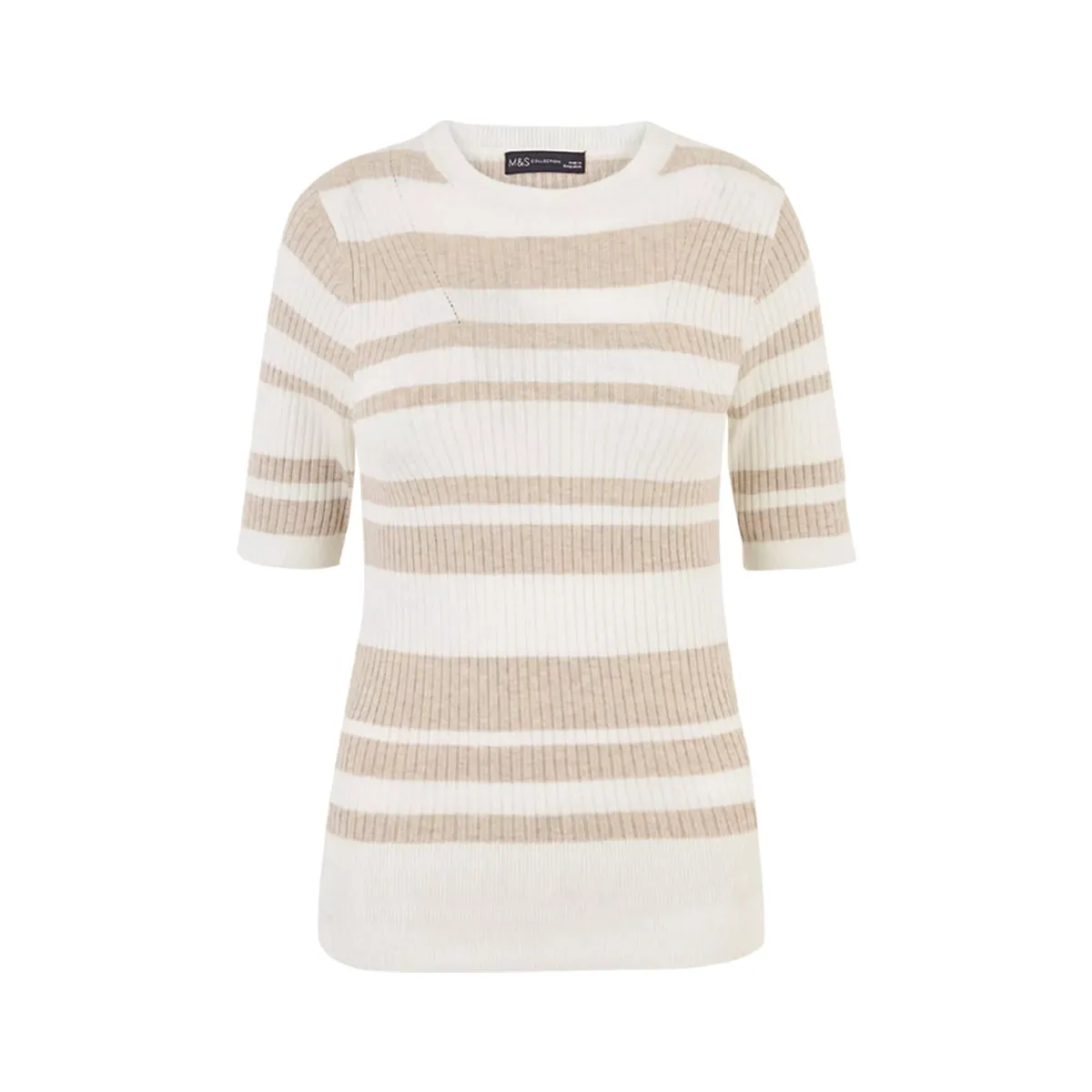 Ladies Short Sleeve Ribbed Crew Neck Knitted Stripe Sweater