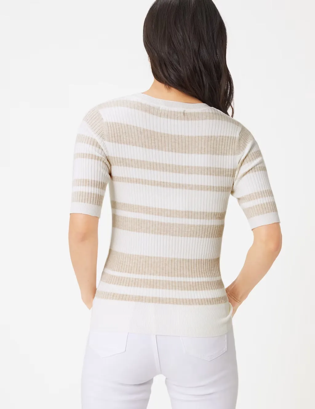 Ladies Short Sleeve Ribbed Crew Neck Knitted Stripe Sweater