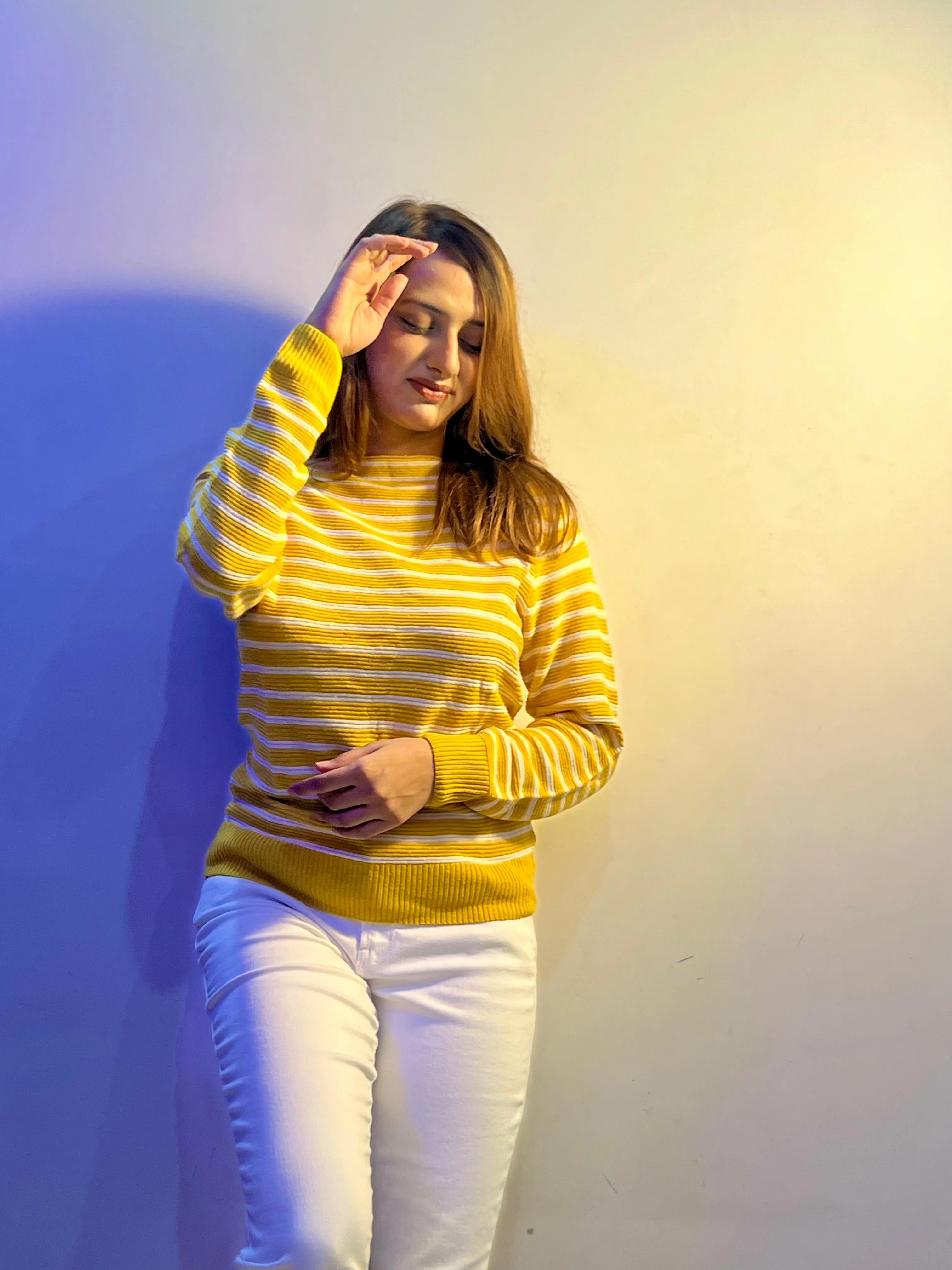 Ladies yellow and white lining sweater