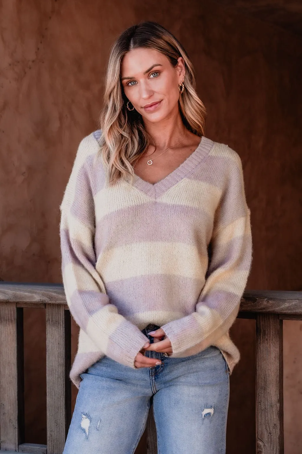 Lavender Striped V Neck Sweater