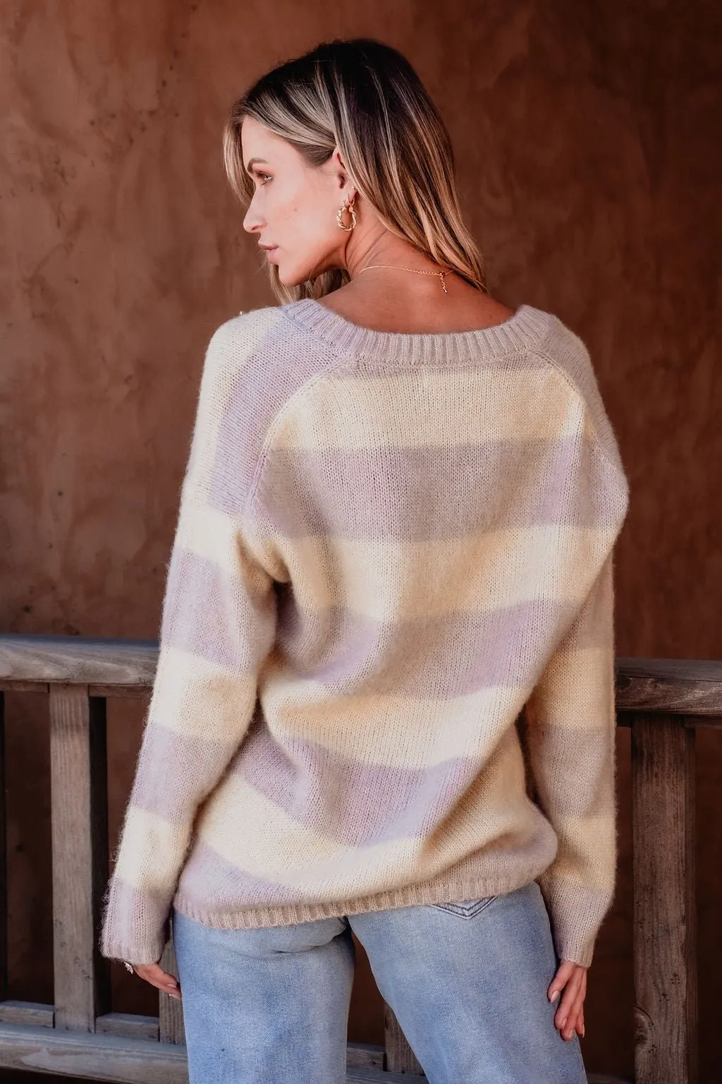 Lavender Striped V Neck Sweater