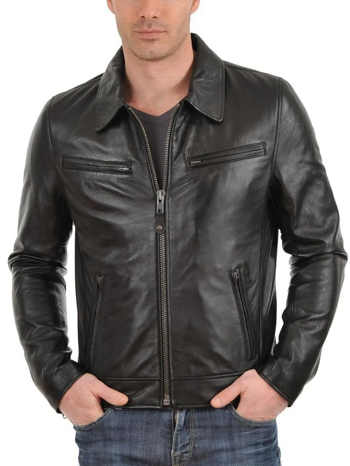 Leather Jackets Hub Mens Genuine Lambskin Leather Jacket (Black, Aviator Jacket) - 1501611