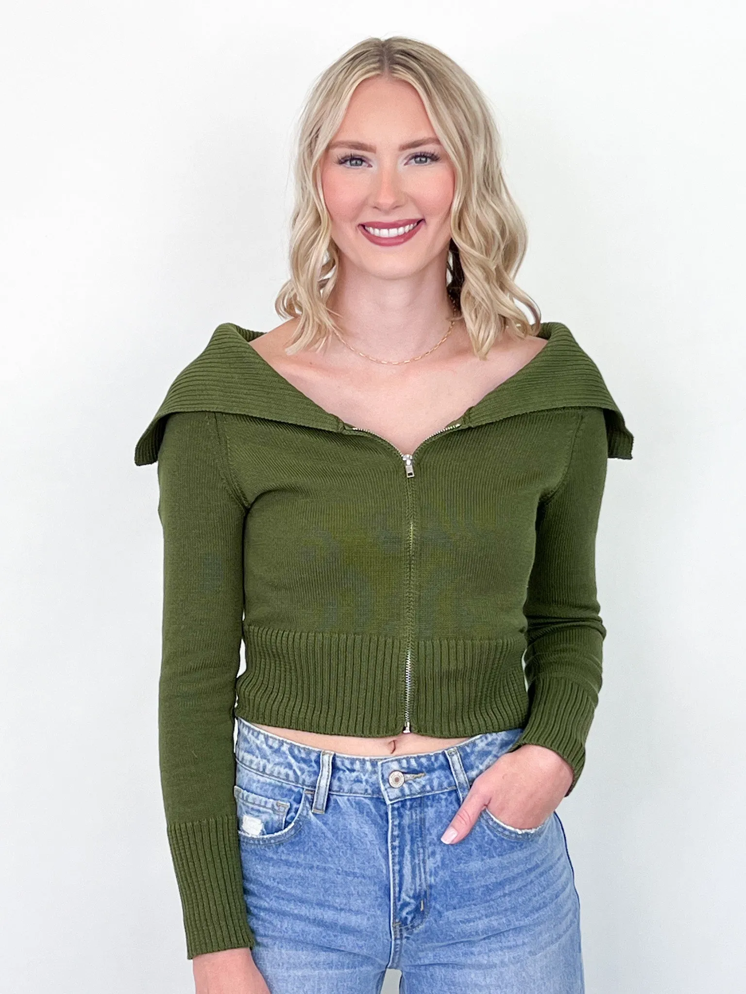 Lia - Long Sleeve Zip Front Sweater Cardigan (Olive)