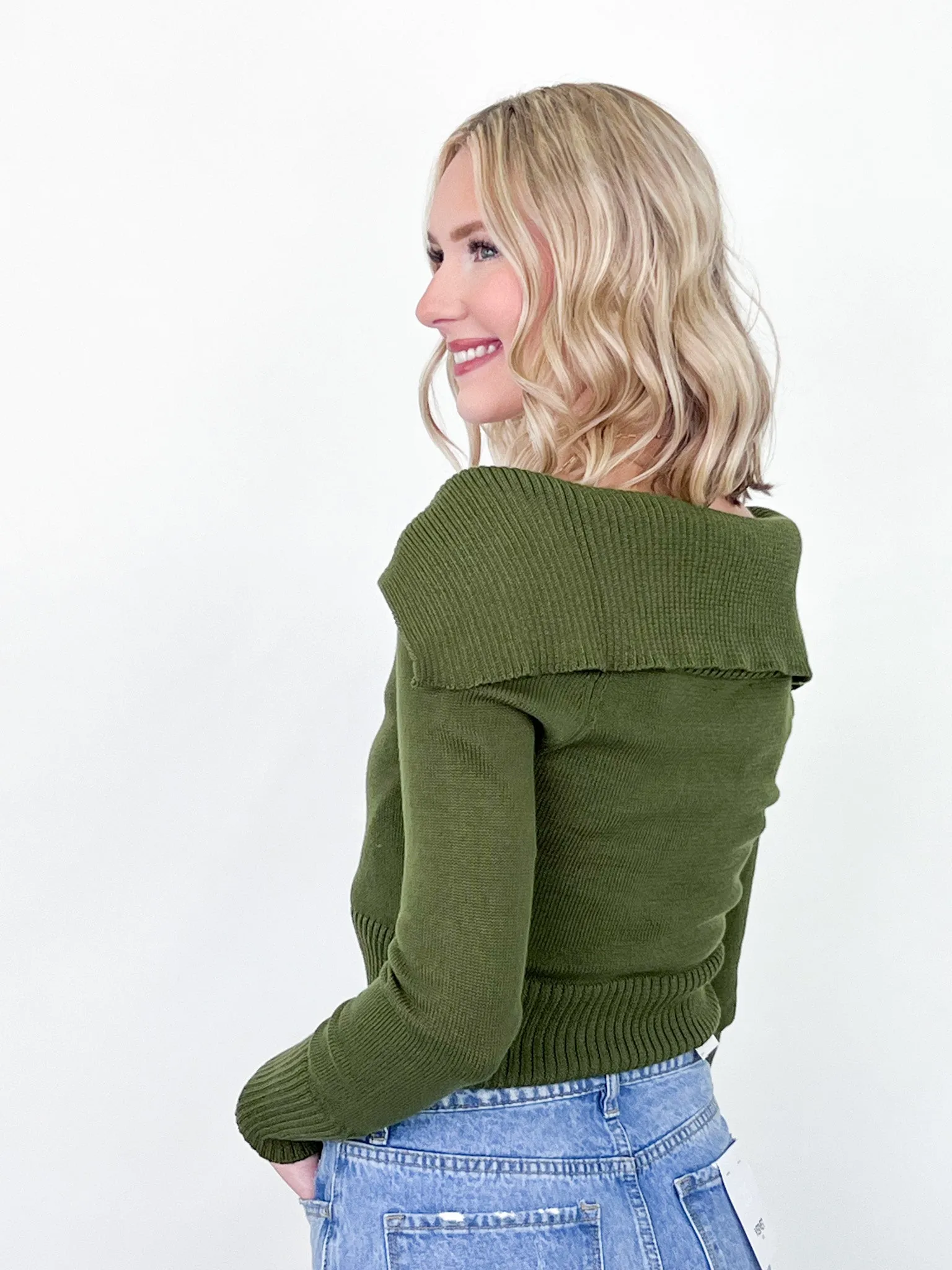 Lia - Long Sleeve Zip Front Sweater Cardigan (Olive)