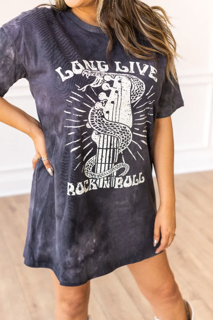 Long Live Rock N' Roll on Black Tie-Dye T-Shirt Dress