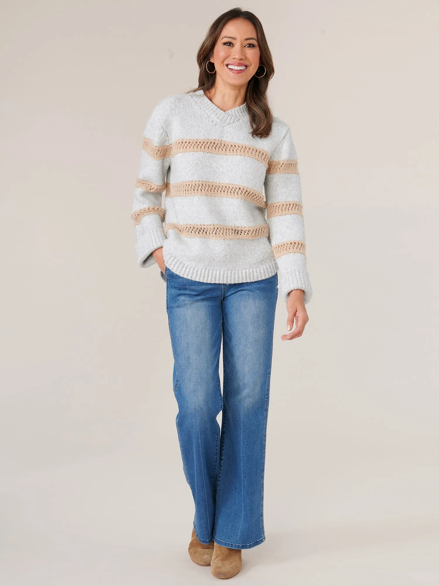 Long Raglan Sleeve High Overlap V-Neck Novelty Stitch Strope Sweater