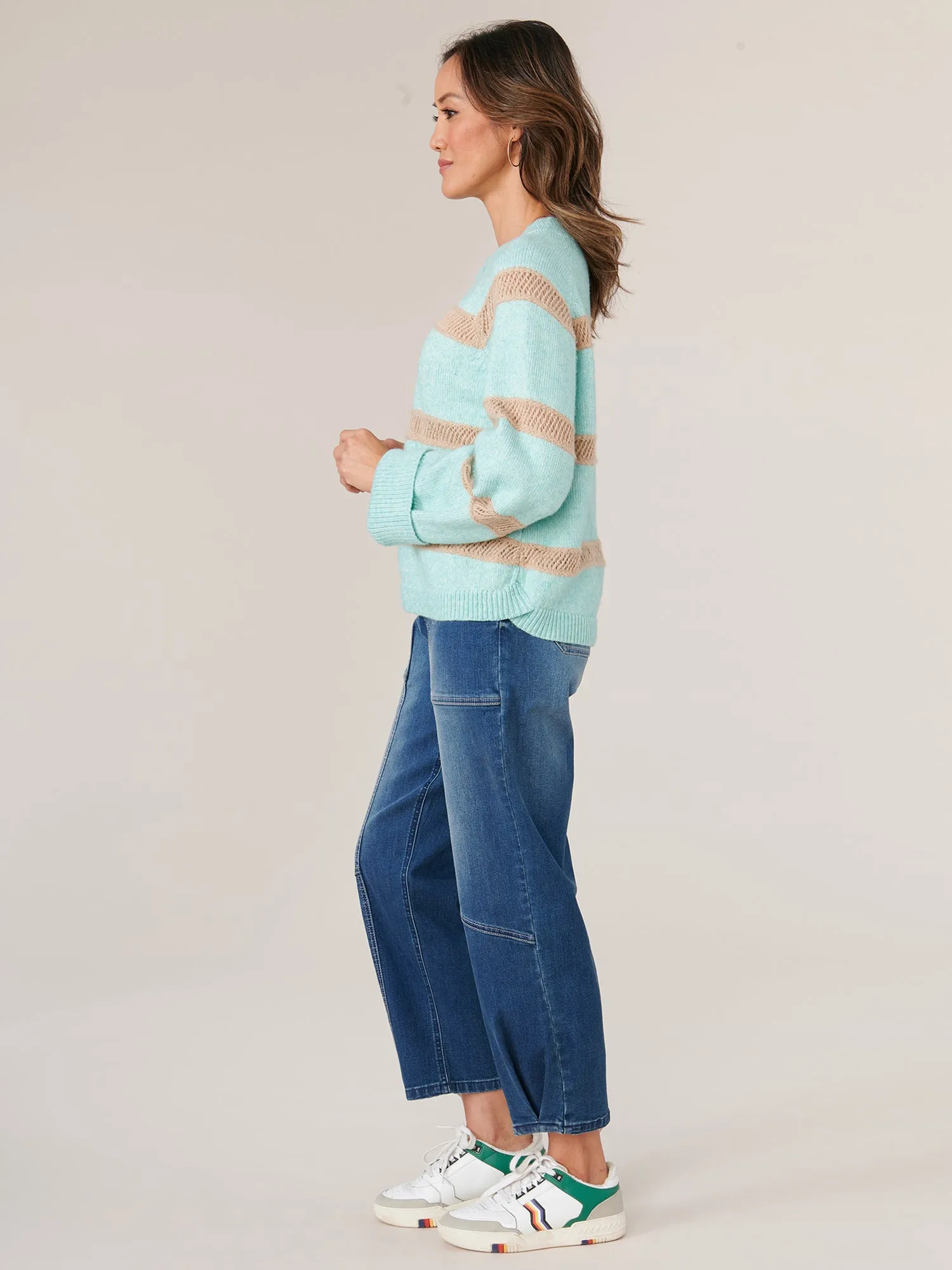 Long Raglan Sleeve High Overlap V-Neck Novelty Stitch Strope Sweater