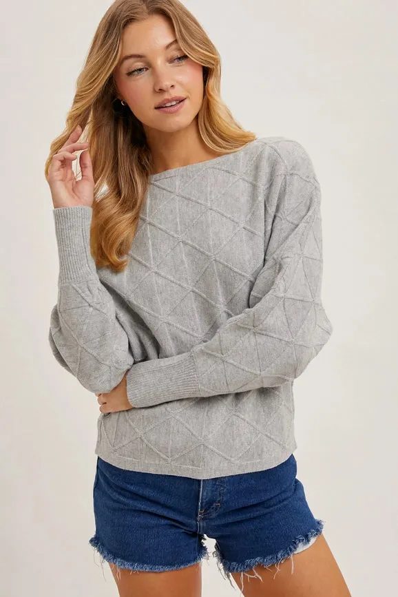 Long Sleeve Boat Neck Diamond Knit Sweater H GREY