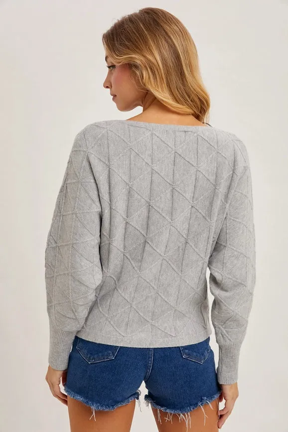 Long Sleeve Boat Neck Diamond Knit Sweater H GREY