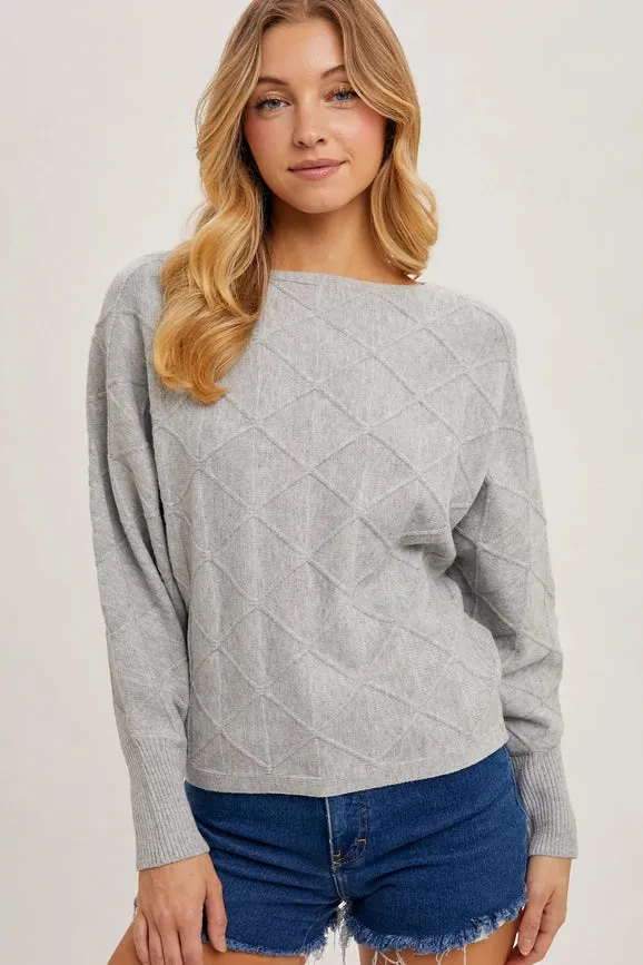 Long Sleeve Boat Neck Diamond Knit Sweater H GREY