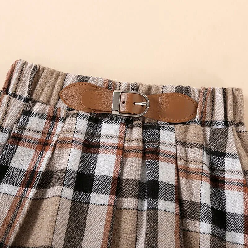 Long Sleeve Brown Plaid Skirt Toddler Set