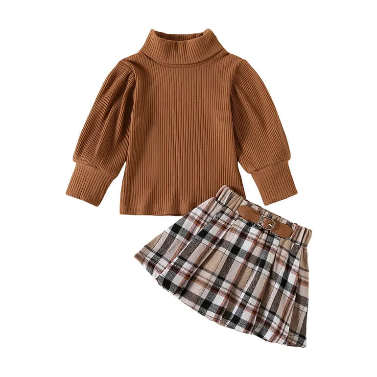 Long Sleeve Brown Plaid Skirt Toddler Set