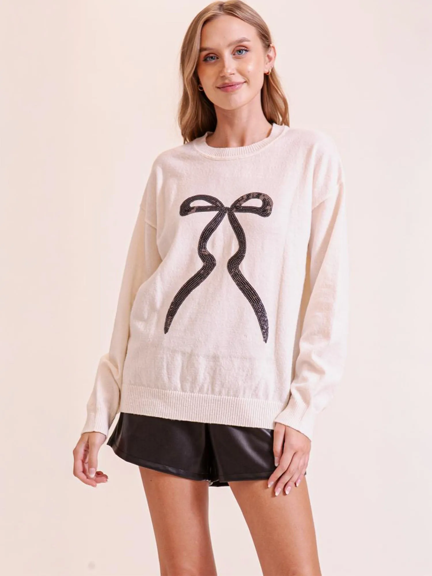 Long Sleeves Sequin Bow Sweater