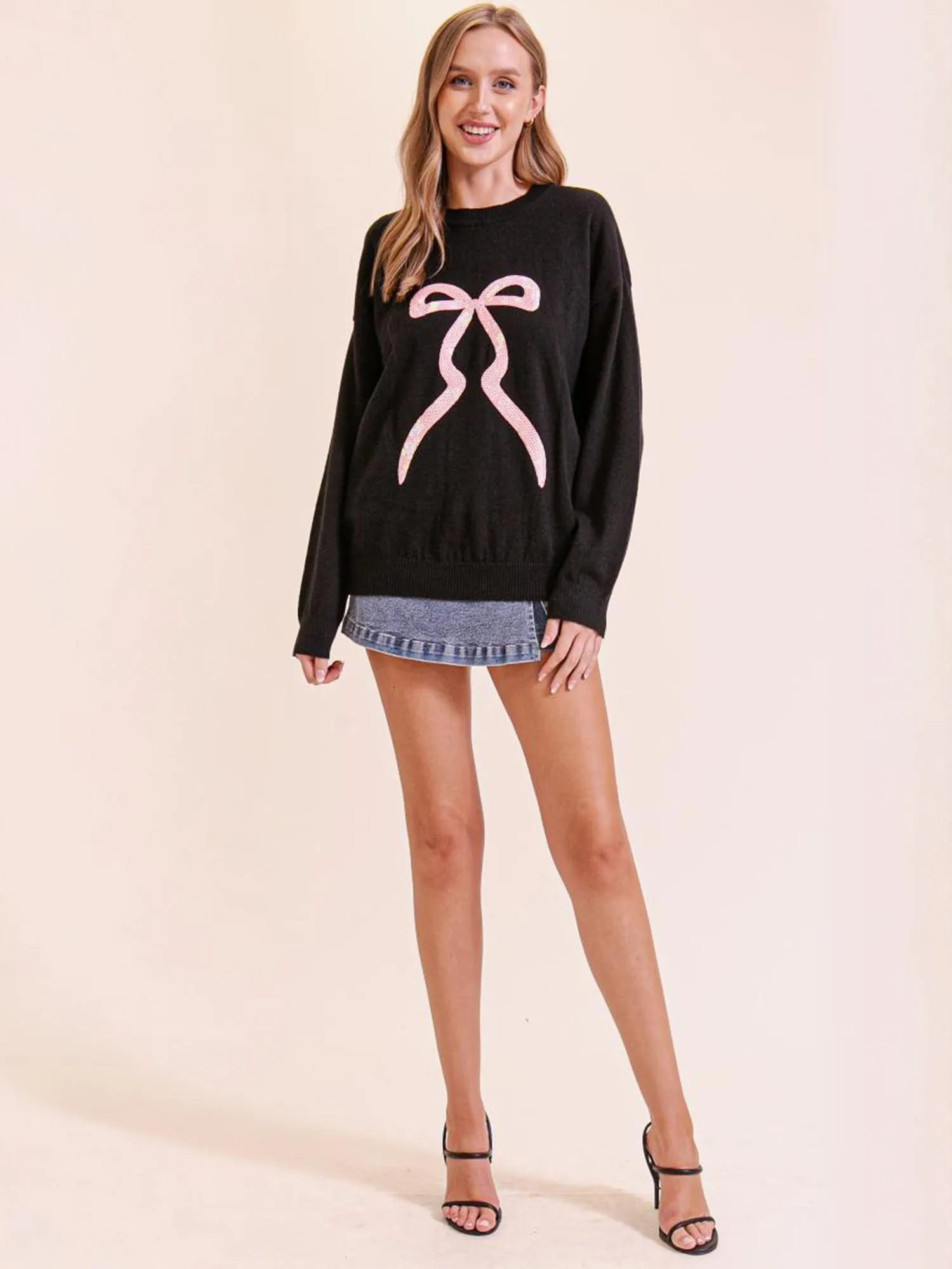 Long Sleeves Sequin Bow Sweater