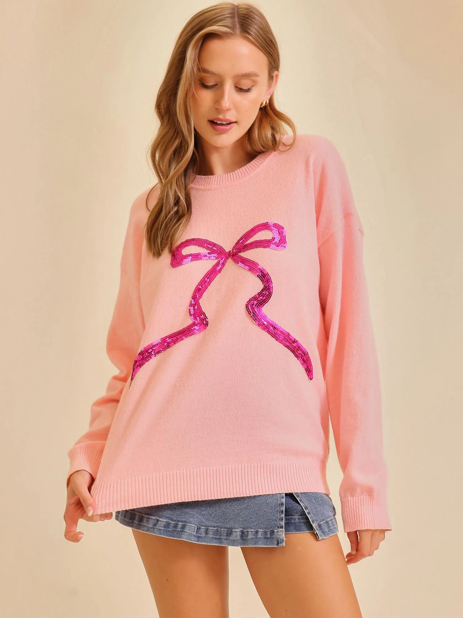 Long Sleeves Sequin Bow Sweater