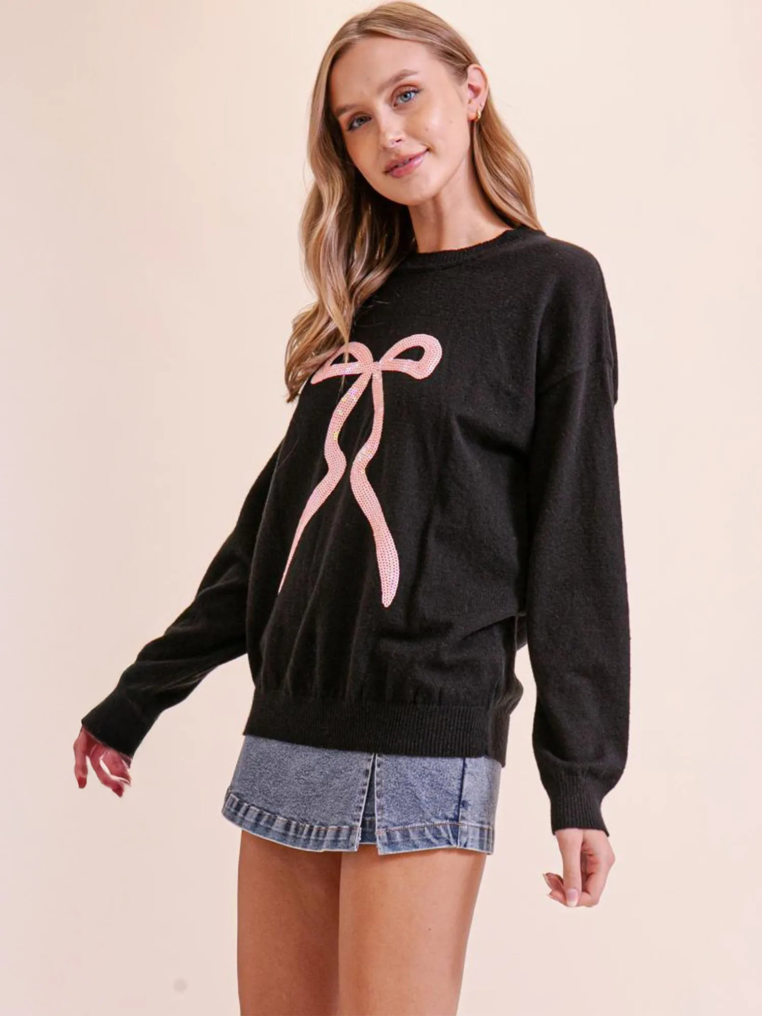 Long Sleeves Sequin Bow Sweater