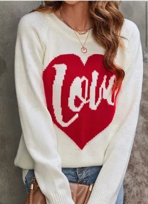 Love Red Heart White Knit Sweater