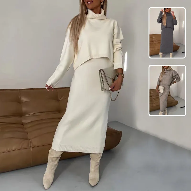 Lovely2-Piece Set  Sweater Sleeveless Long Dress with Turtleneck Pullover